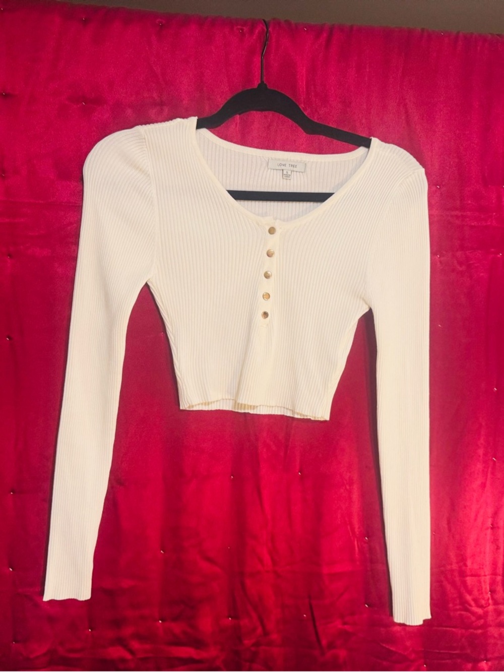 👑 SIZE SMALL Ivory/white Ribbed Henley Cropped Long-Sleeve Top